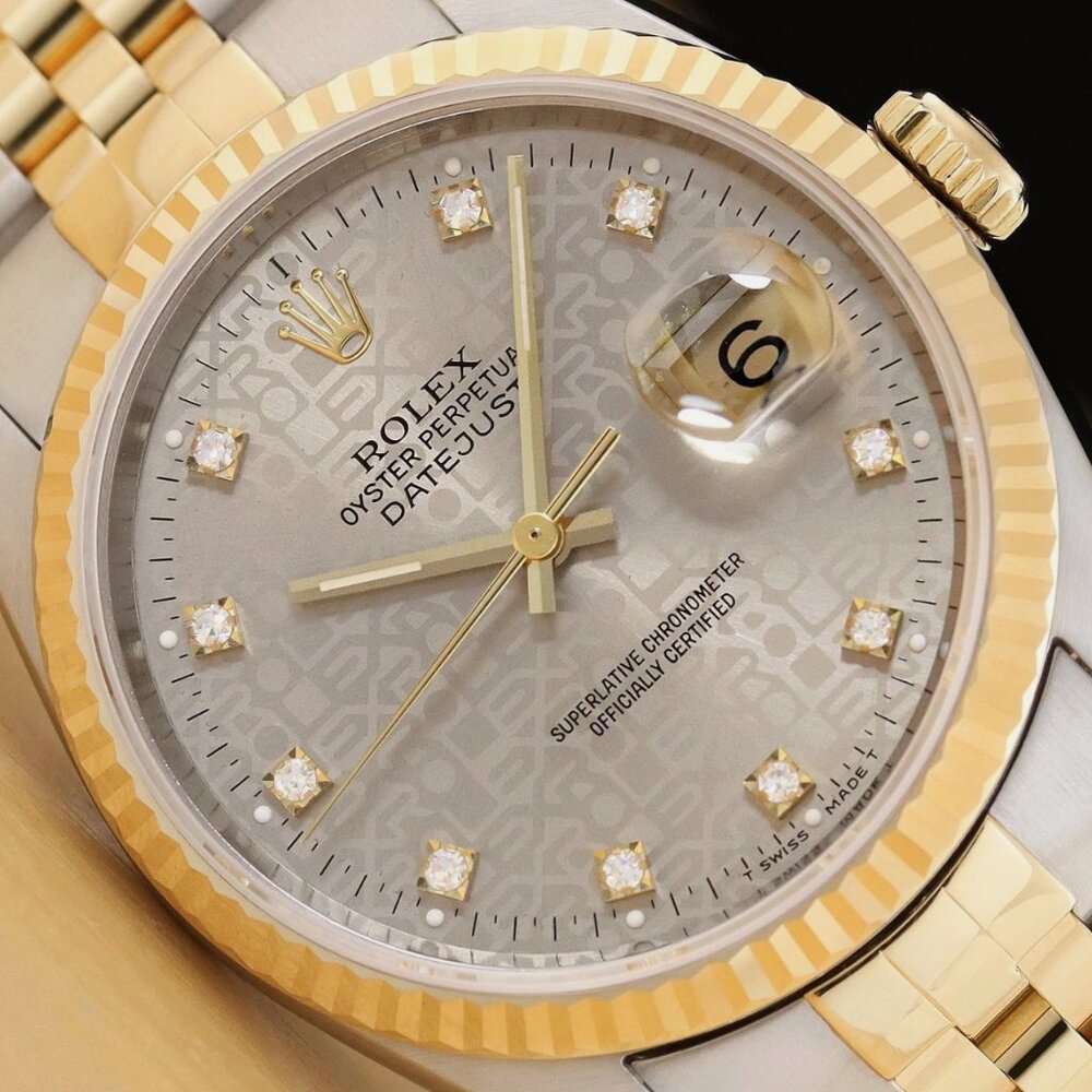 ROLEX MENS DATEJUST GRAY FACTORY DIAMOND DIAL 18K GOLD STEEL WATCH